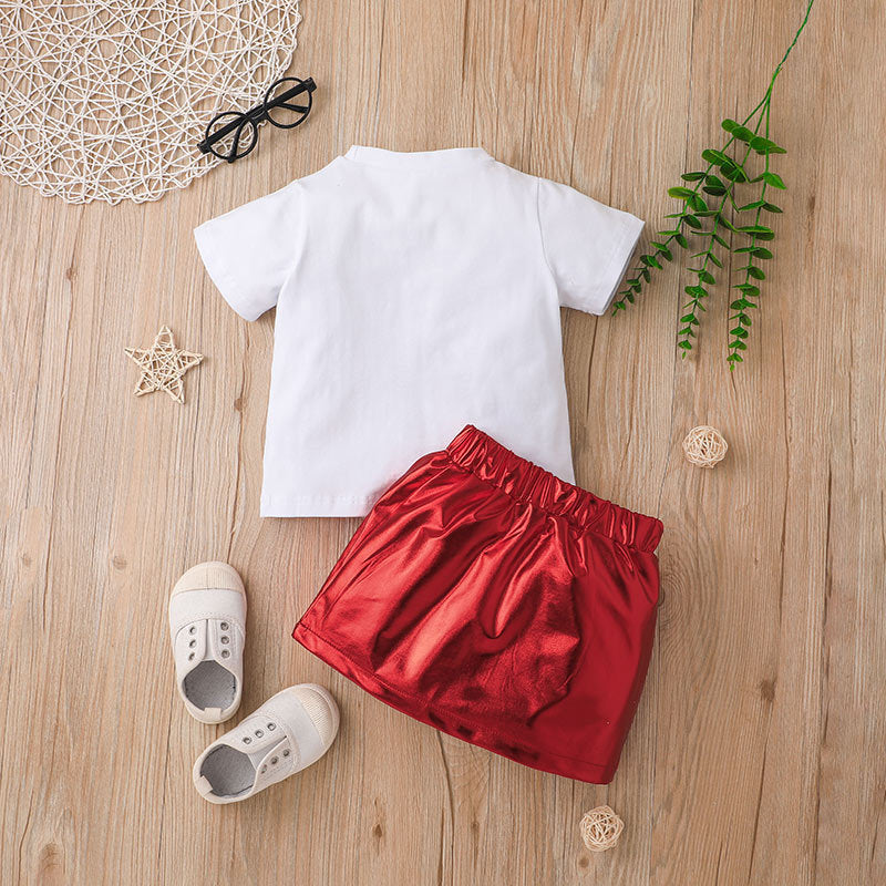 Toddler Kids Girls Solid Colour Letter Print Short Sleeve T-shirt Top Red Skirt Set - PrettyKid