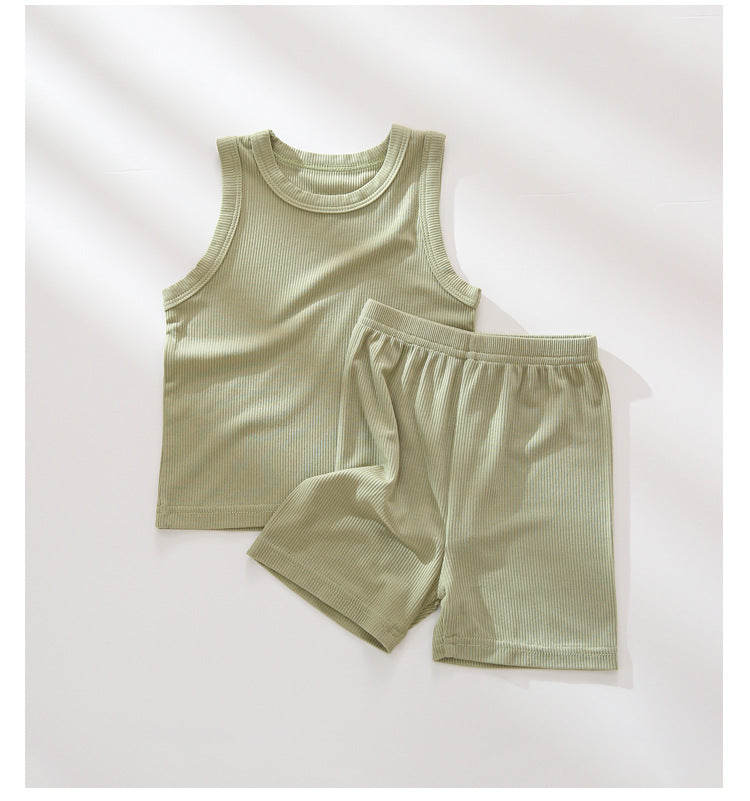 Children's Pajamas Loungewear Summer Thin Section Ice Silk Undershirt Suit Male and Female Treasure Breathable Sleeveless T Shorts Modal - PrettyKid