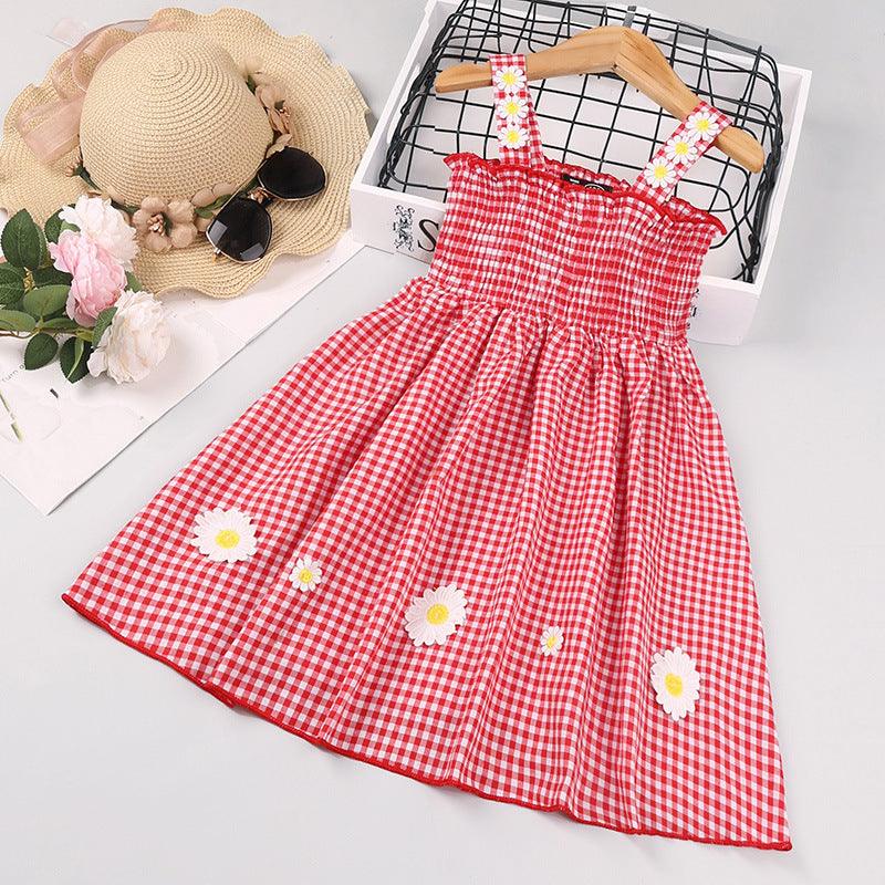 Toddler Kids Girls Summer Solid Color Daisy Plaid Sheath Camisole Dress - PrettyKid