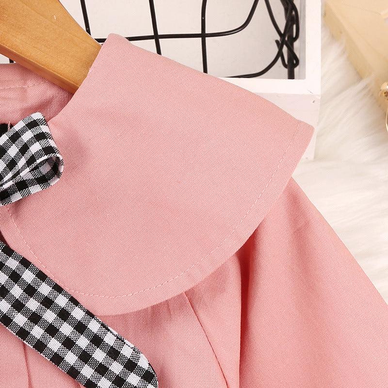 Toddler Kids Girls' Solid Color Plaid Bow Tie Long Sleeve Coat - PrettyKid