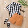 Toddler Boys Black and White Check Print Lapel Button Down Shirt Plain Shorts Set - PrettyKid