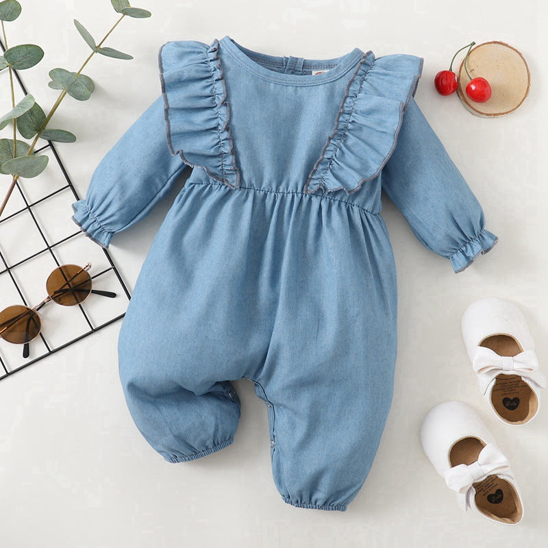 Baby Girls Solid Color Ruffle Long-sleeved Jumpsuit - PrettyKid