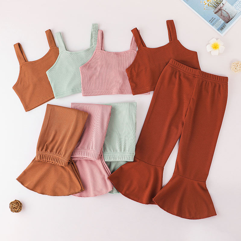 Toddler Kids Girls Solid Color Sleeveless Suspender Top Flare Pants Set - PrettyKid