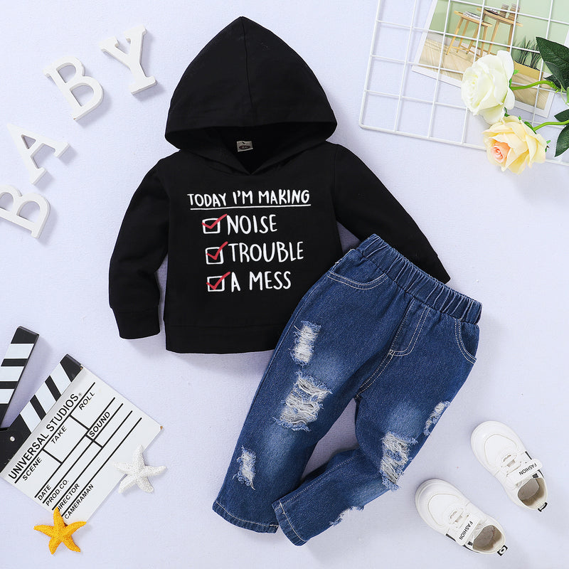 Toddler Kids Boys Girls Solid Color Letter Print Hooded Tops Ripped Jeans Set - PrettyKid