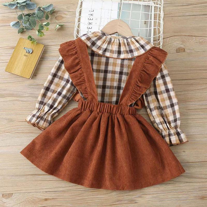 Toddler Kids Girls' Plaid Shirt Strap Skirt Set - PrettyKid