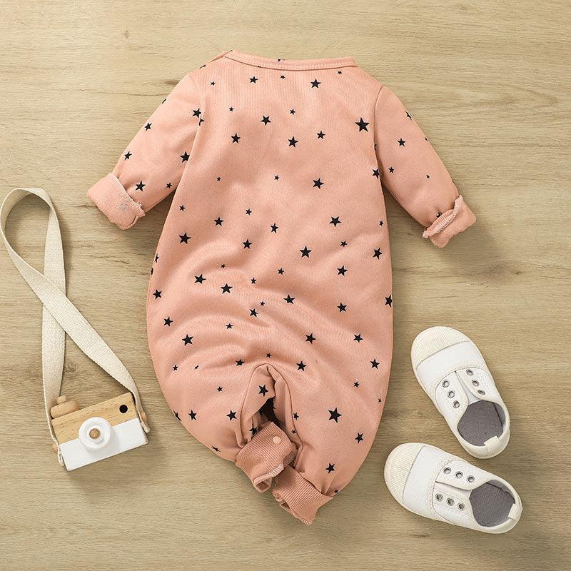 Baby Girls Solid Color Lovely Moon Star Print Long Sleeve Jumpsuit - PrettyKid