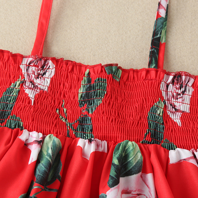 Toddler Kids Girls Solid Rose Print Suspender Dress - PrettyKid