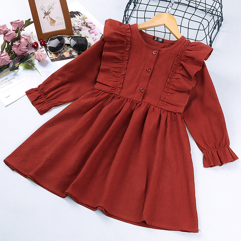 Toddler Kids Girls' Solid Color Fungus Edge Long Sleeved Dress - PrettyKid