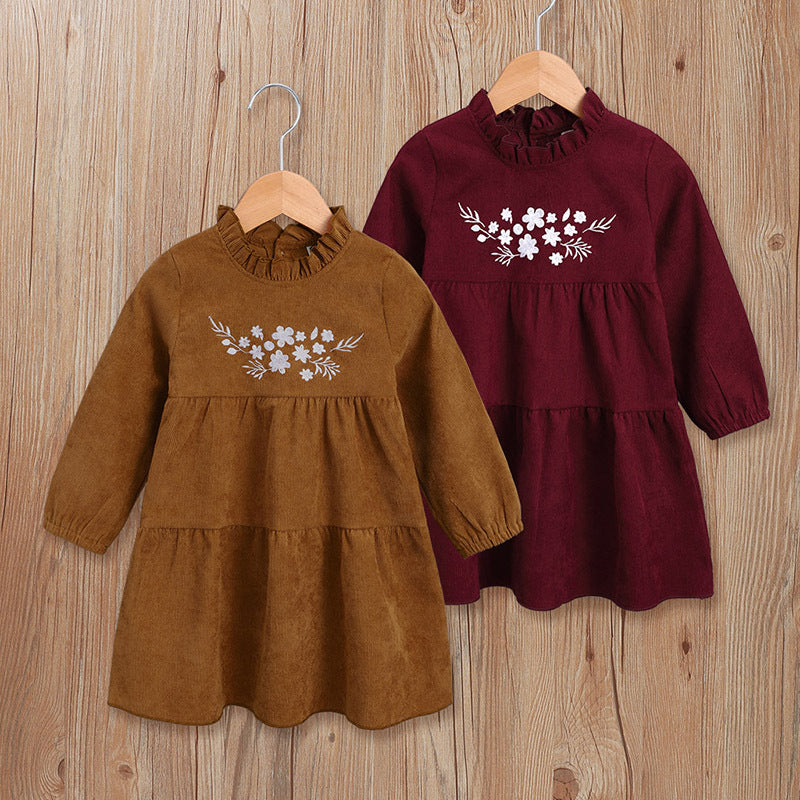 Toddler Kids Girls Solid Color Long Sleeve Embroidered Dress - PrettyKid
