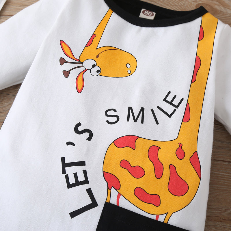 Baby Boys Solid Color Mosaic Cartoon Giraffe Letter Printed Long Sleeve Jumpsuit - PrettyKid