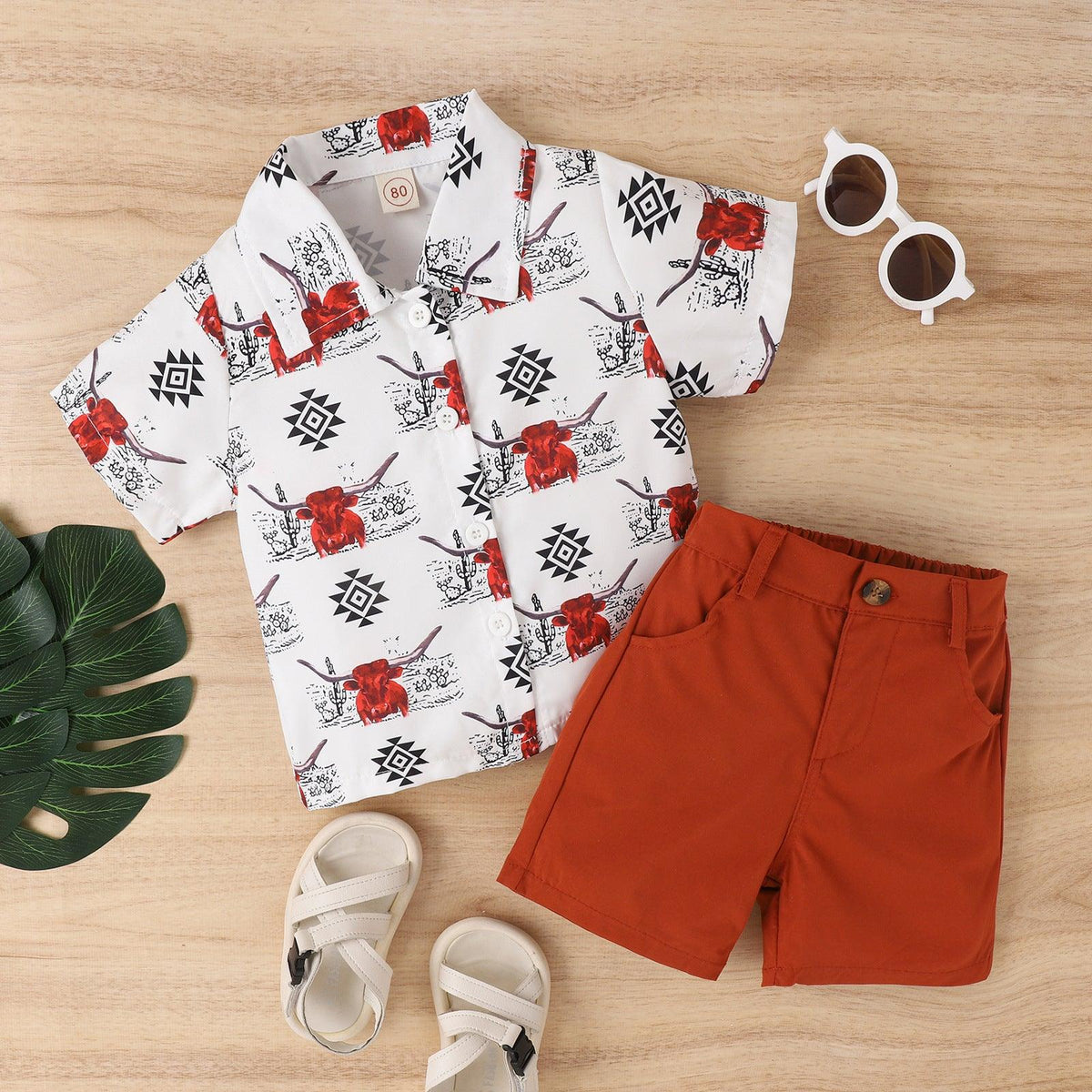 Boys' Summer Korean Animal Print Lapel Short-sleeved Shirt Fashion Shorts Two-piece Suit