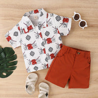 Boys' Summer Korean Animal Print Lapel Short-sleeved Shirt Fashion Shorts Two-piece Suit