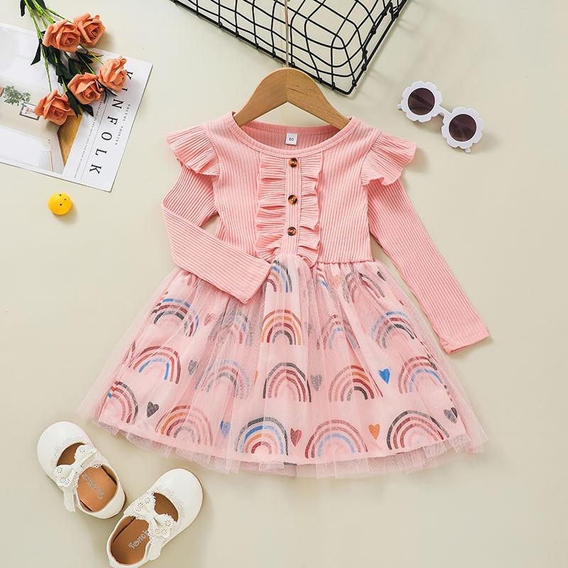 Toddler Kids Girls Pink Long Sleeve Rainbow Print Dress - PrettyKid