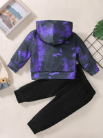 Toddler Boys Purple Tie Dyed Letter Hooded Long Sleeve Top Black Trousers Set - PrettyKid