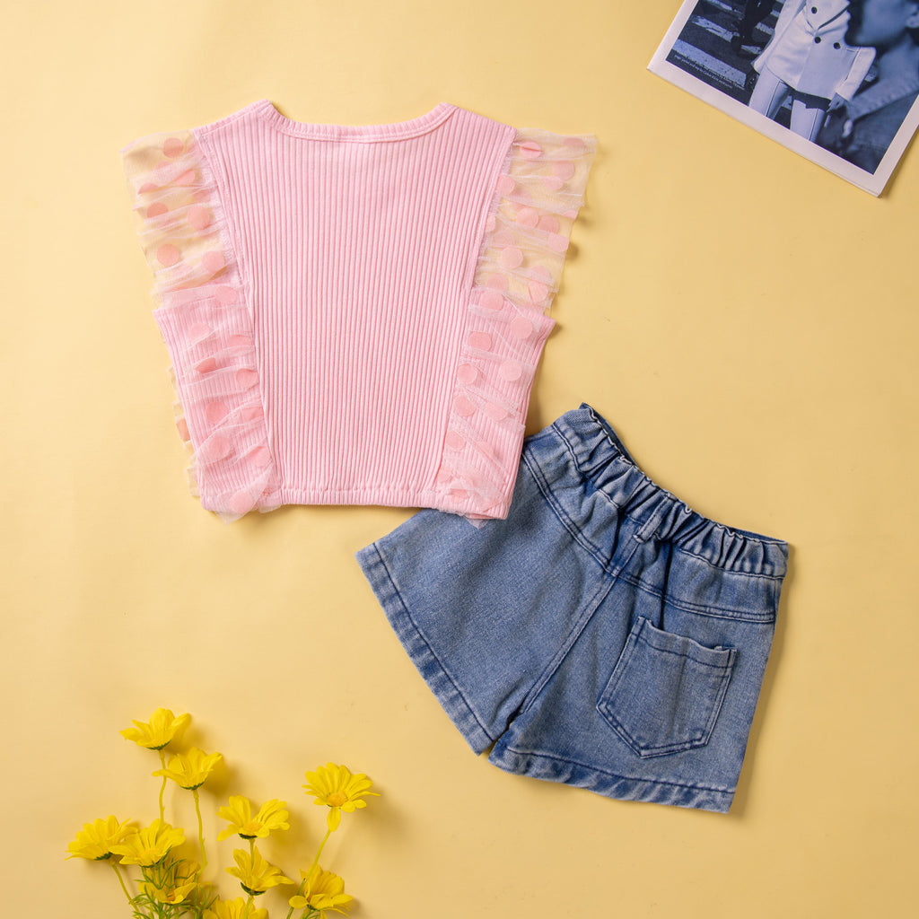 Girls' Suit Casual Clothes Sleeveless Pink Top Denim Shorts Two Pieces - PrettyKid
