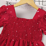 Toddler Kids Girl Solid Dot Short Sleeve Square Neck Dress - PrettyKid