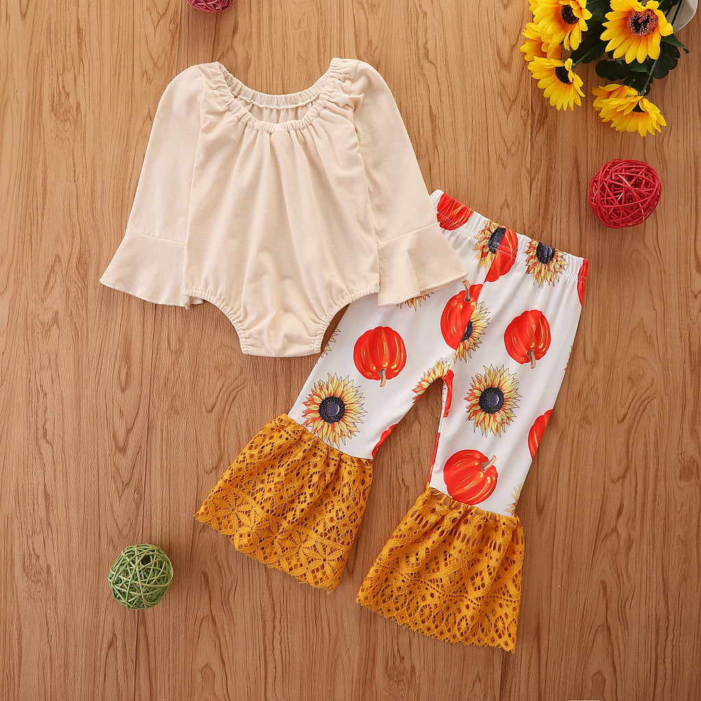 Toddler Girls Long Sleeve Jumpsuit Pumpkin Sunflower Lace Flared Pants Children's Boutique Wholesale - PrettyKid