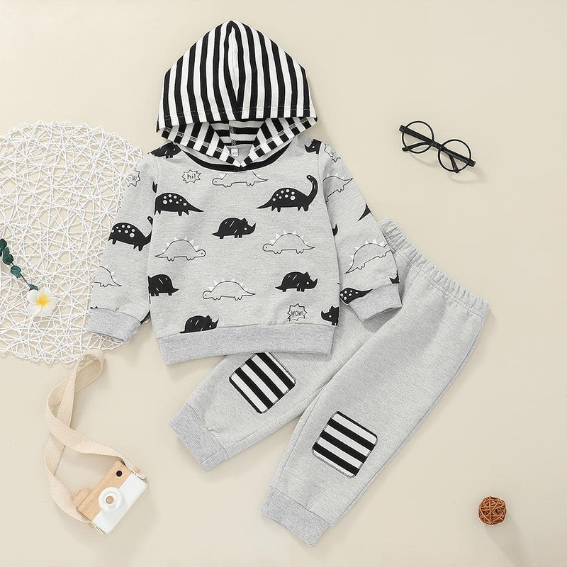 Toddler Cartoon Striped Hooded Sweater Two-piece Set - PrettyKid