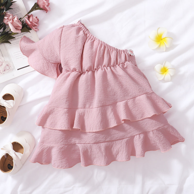 Toddler Kids Girl Summer Solid Color Single Shoulder Lotus Leaf Edge Bow Short Sleeve Dress - PrettyKid