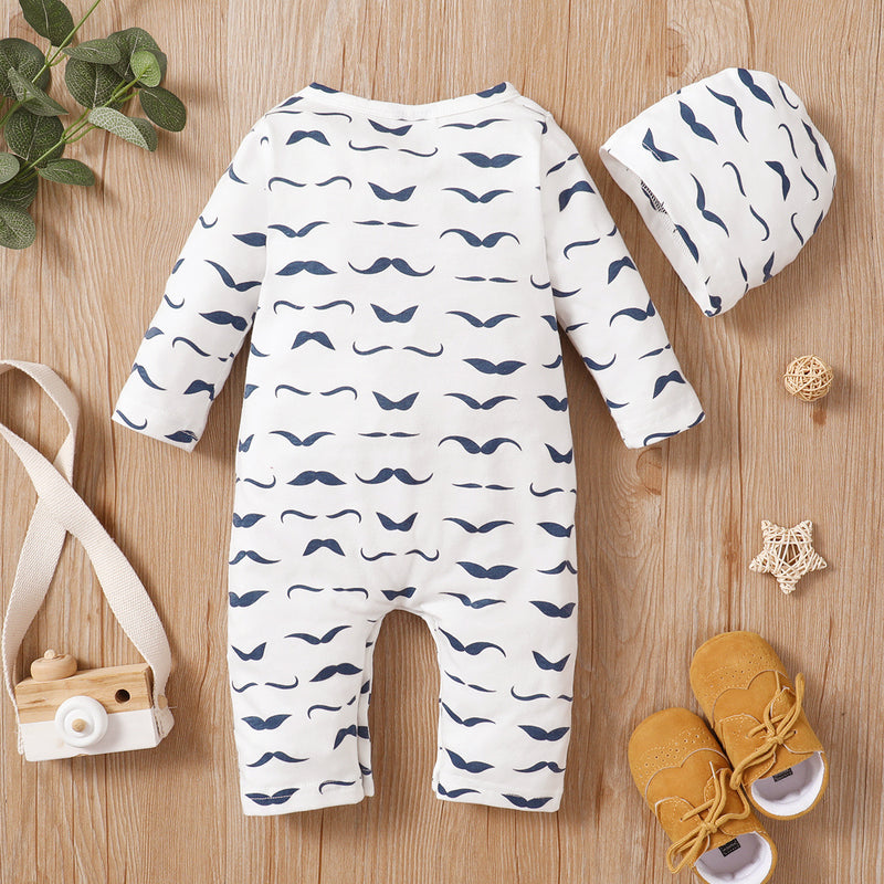 Baby Boys Solid Letter Cartoon Moustache Printed Long Sleeve Jumpsuit Hat Set - PrettyKid