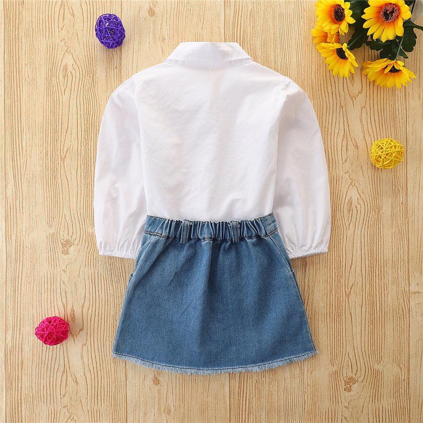 Toddler Kids Girls White Shirt Bow Denim Skirt Set - PrettyKid