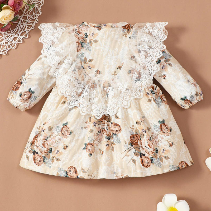 Toddler Girls Lace Neckline Floral Print Dress - PrettyKid