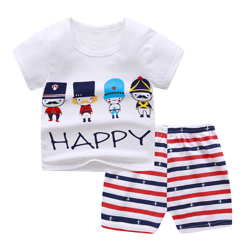 0-6Y Children Solid Color Cute Animal Print Short-sleeved Shorts Summer Suit - PrettyKid