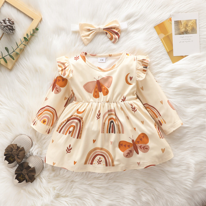 Toddler Girls Solid Rainbow Long Sleeve Bow Scarf Dress Set - PrettyKid