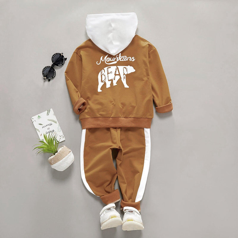 Toddler Kids Boys Solid Color Letters Cartoon Bear Print Hooded Sweatshirt Pants Set - PrettyKid