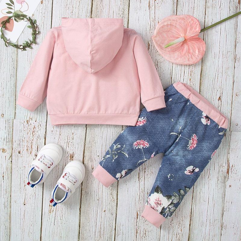 Toddler Kids Girls Pink Hoodie Floral Print Pants Set - PrettyKid