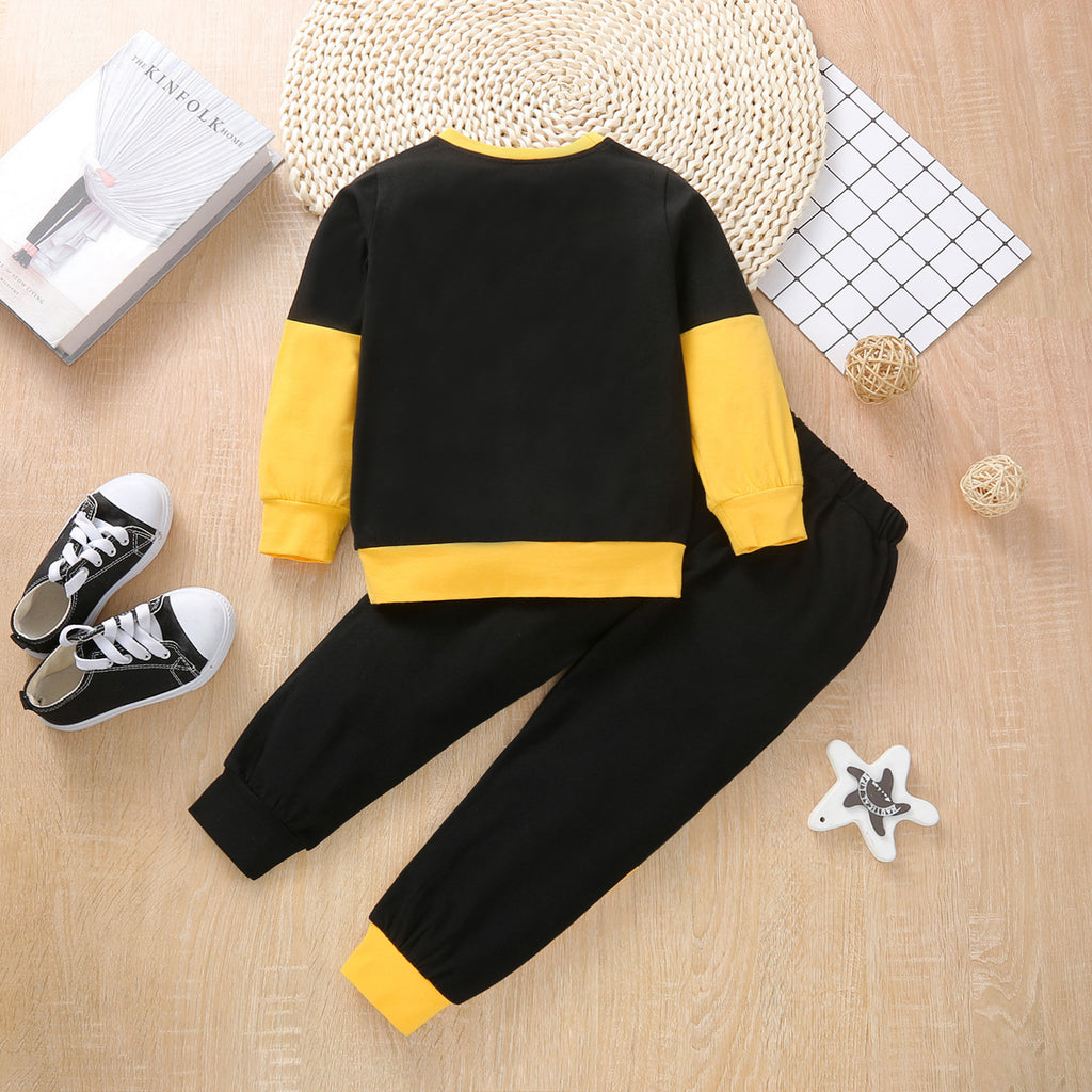 Toddler Kids Boys Round Neck Letter Print Long Sleeve Color Blocking Suit - PrettyKid