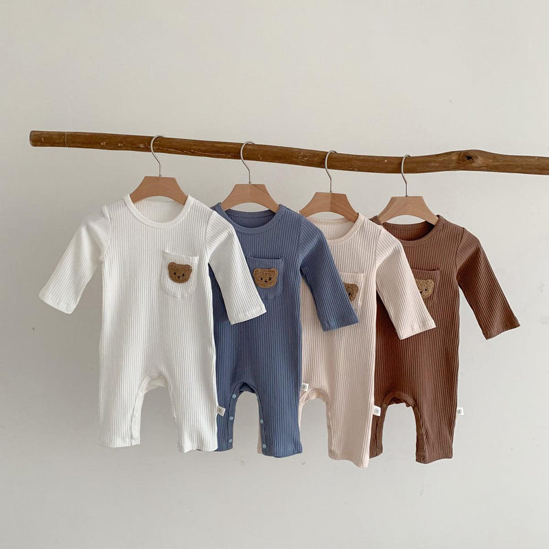 Baby Spring and Autumn New Style Pit Stripe Boys and Girls' Solid Little Bear Round Neck Bodysuit - PrettyKid