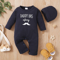 Baby Boys Solid Letter Cartoon Moustache Printed Long Sleeve Jumpsuit Hat Set - PrettyKid