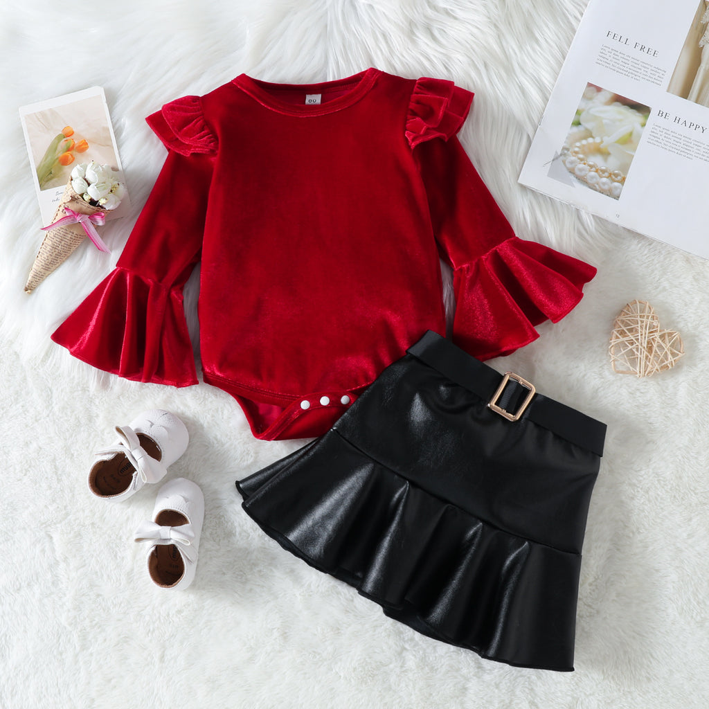 Baby Girls Solid Color Flared Sleeve Jumpsuit Belt Leather Skirt Christmas Set - PrettyKid