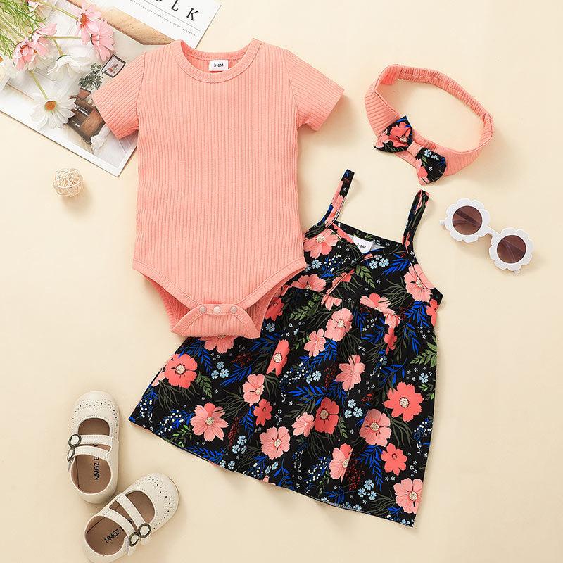 Baby Girls Solid Short Sleeved Jumpsuit Flower Print Suspender Dress Set - PrettyKid