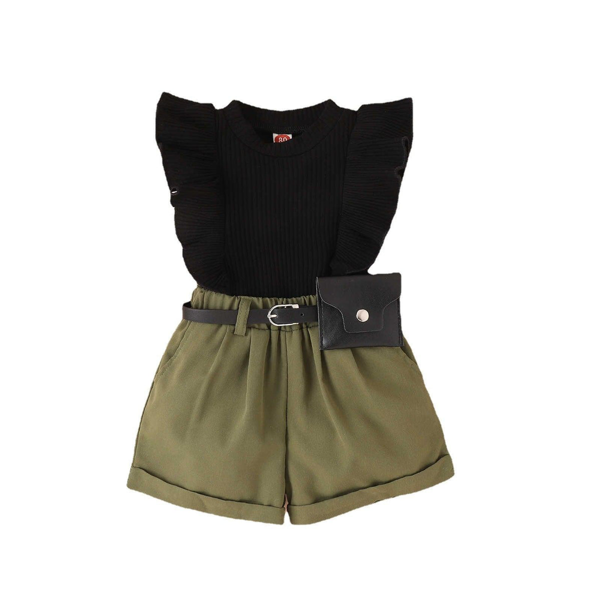 Spring and Summer Cotton Pit Strip Flying Sleeve Top Solid Color Shorts with Waist Bag Girls Suit