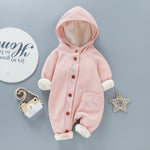 Baby Boys Girls Button Hooded Long Sleeved Plush Jumpsuit - PrettyKid