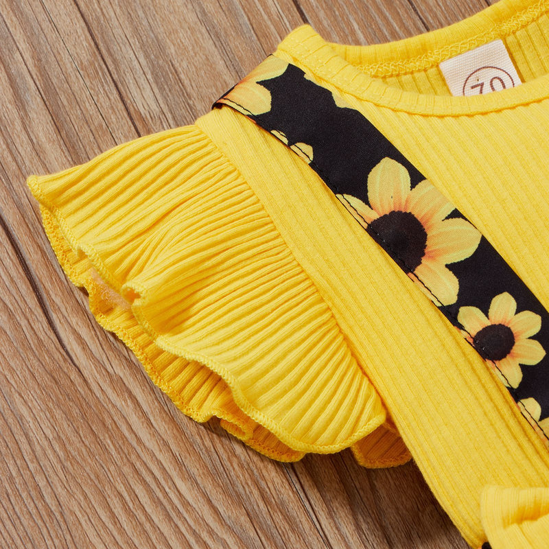 Toddler Girls Solid Color Knitted Round Neck Fly Sleeve T-shirt Flower Print Bag Fart Skirt Pants - PrettyKid