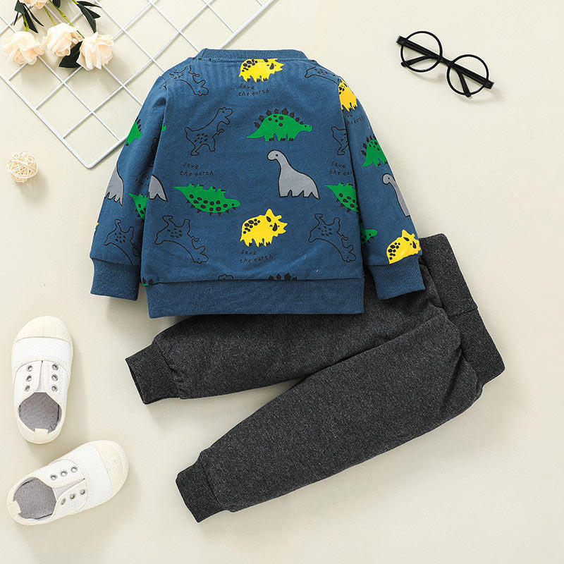 Toddler Boys Cartoon Printed Sweater Set for Dinosaurs Children's Boutique Wholesale - PrettyKid