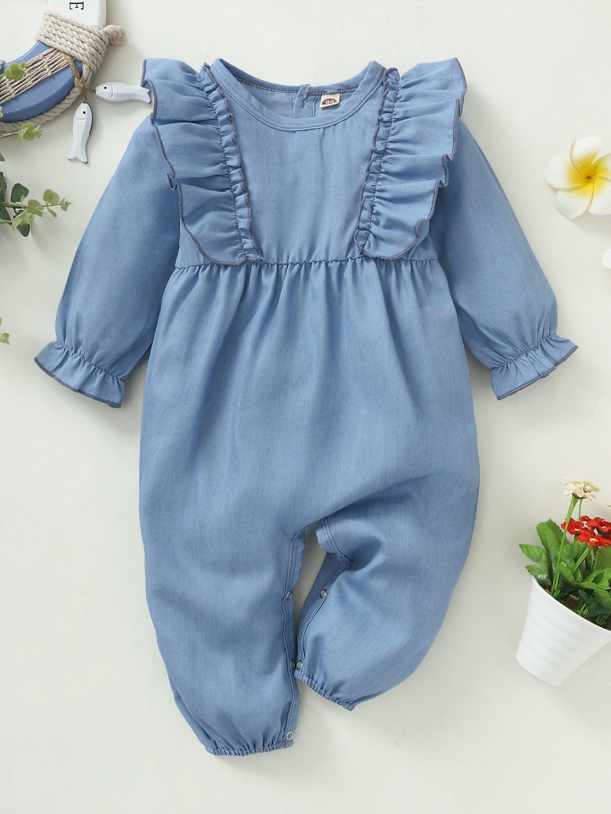 Baby Girls Solid Long Sleeve Lace Panel Jumpsuit - PrettyKid