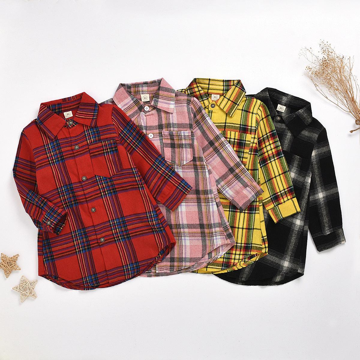 Boys Girls Long Sleeve Plaid Lapel Shirt Kids Wear Supplier - PrettyKid