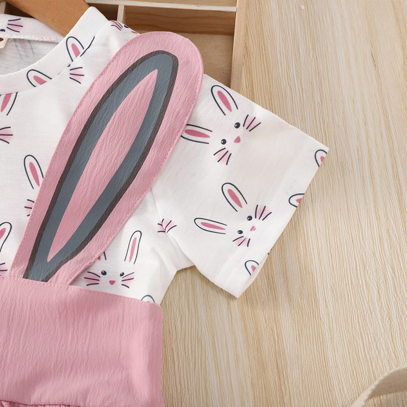 Toddler Kids Girls Solid Color Cartoon Printed Short Sleeved Top Pink Rabbit Strap Skirt Set - PrettyKid