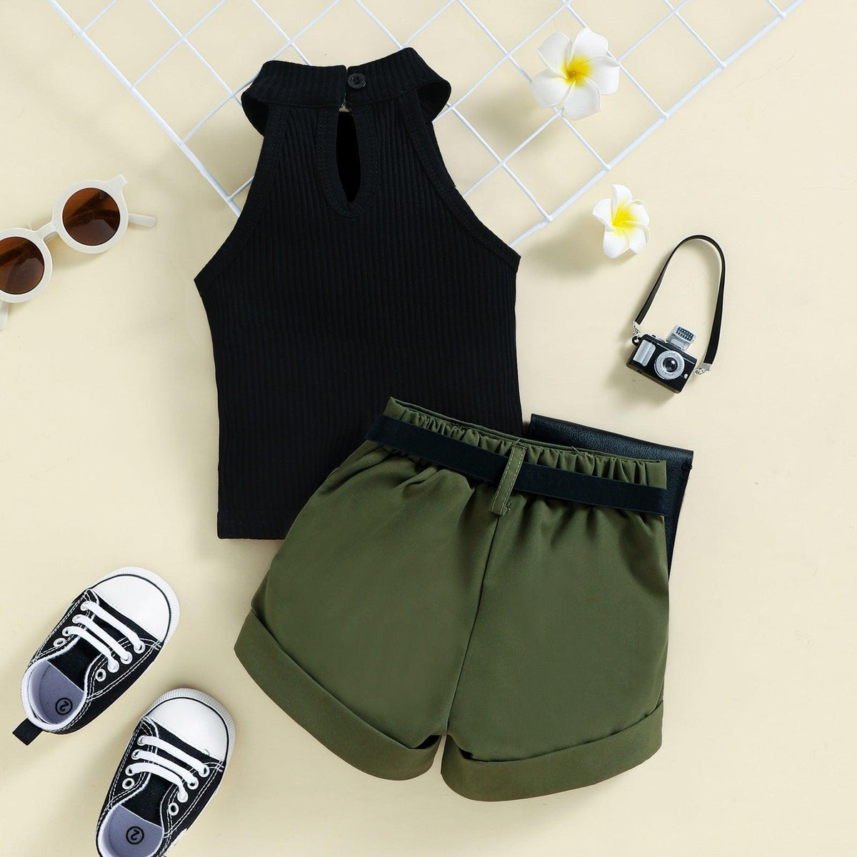 Girls' Neck Hole Top, Shorts, Waist Bag, Three-piece Suit