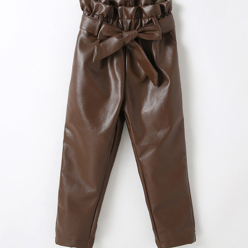 Toddler Kids Girls' Solid Color BOW BELT PU Leather Pants - PrettyKid