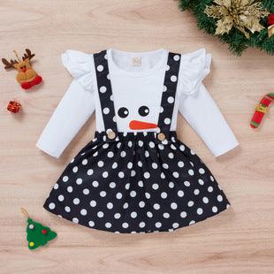 Toddler Girls Christmas Snowman Long Sleeve Top Black Strap Polka Dot Skirt Set - PrettyKid