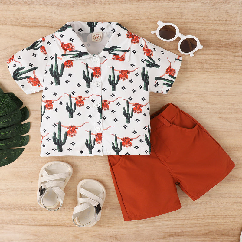 Boys' Summer Korean Animal Print Lapel Short-sleeved Shirt Fashion Shorts Two-piece Suit