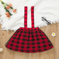 Christmas Dress Long Sleeve Strap Red Plaid Elk Skirt Set - PrettyKid