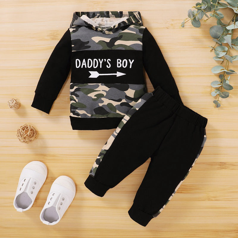 Toddler Kids Boys Solid Color Camouflage Patchwork Hooded Long-sleeved Suit - PrettyKid