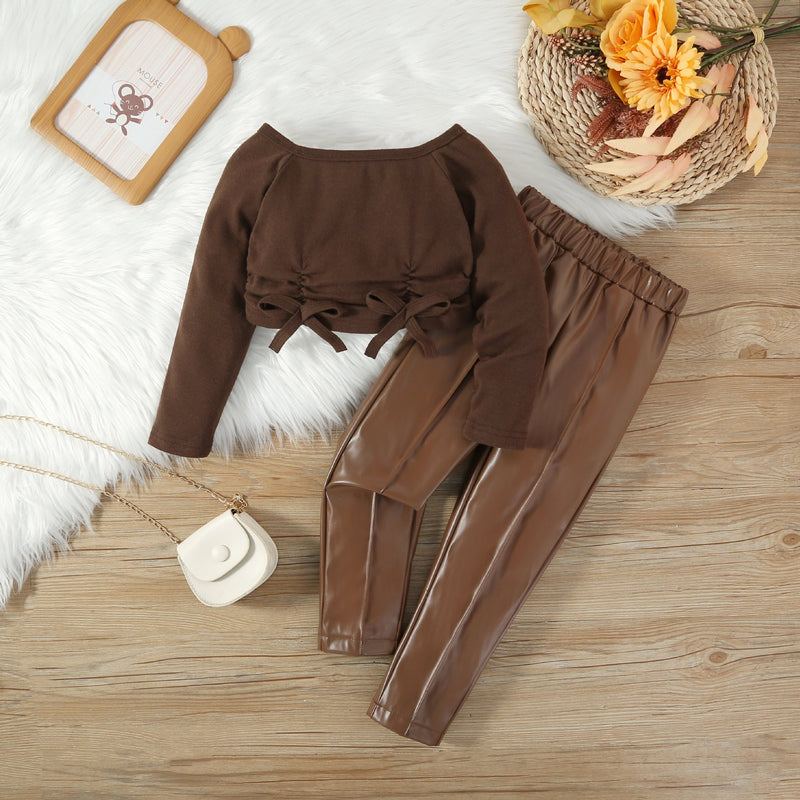 Toddler kid girls Solid color bow tie halter top PU leather pants set - PrettyKid