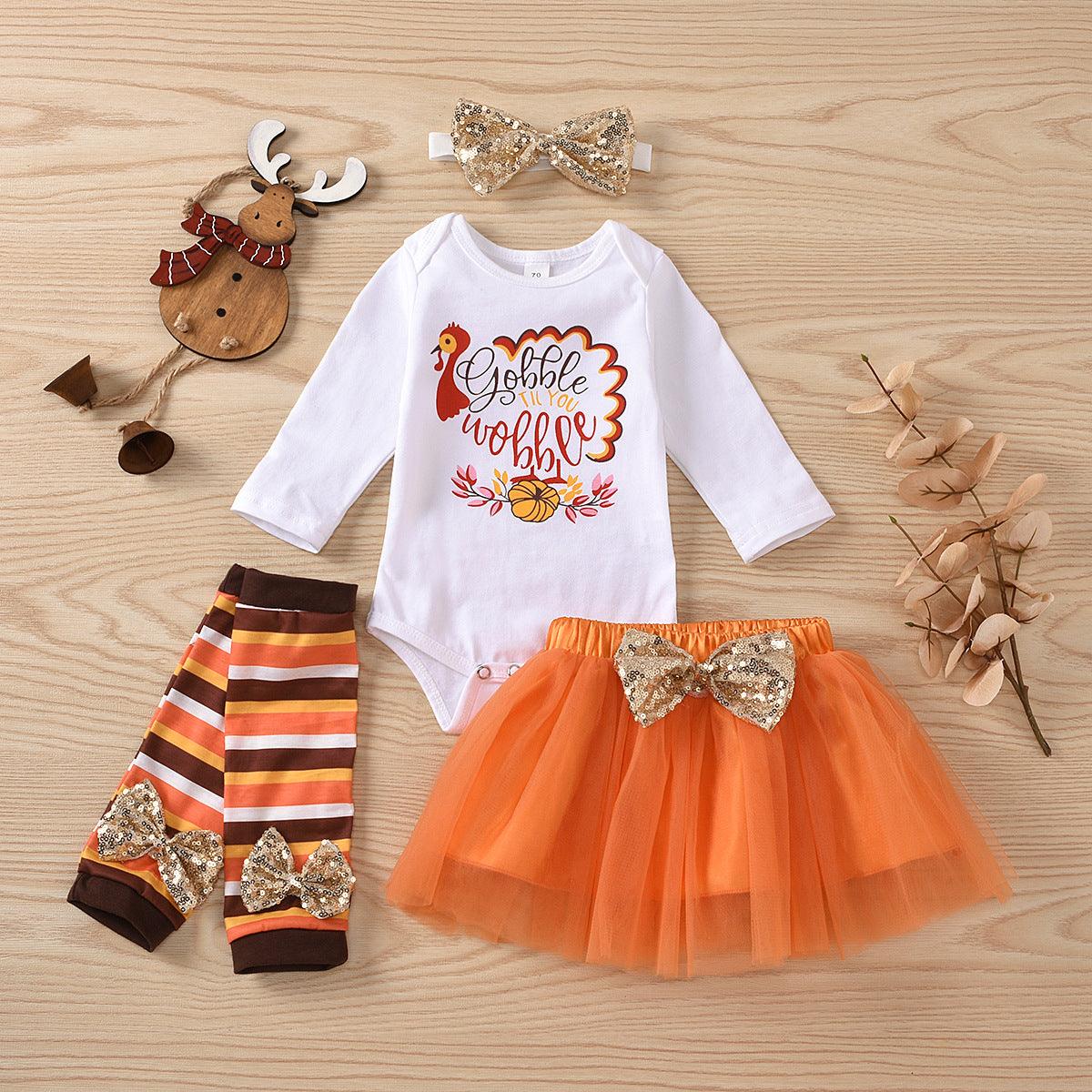 Baby Girls Turkey Thanksgiving Long Sleeve Jumpsuit Gauze Skirt Foot Cover Hair Band Set Wholesale Baby Clothes Vendors - PrettyKid